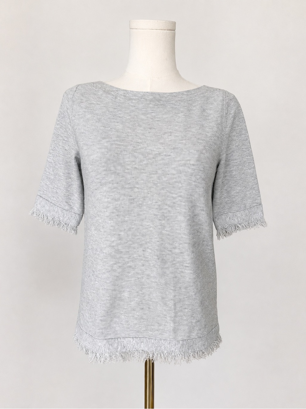 Ann Taylor Light Gray Fringe-Trim Short Sleeve Top